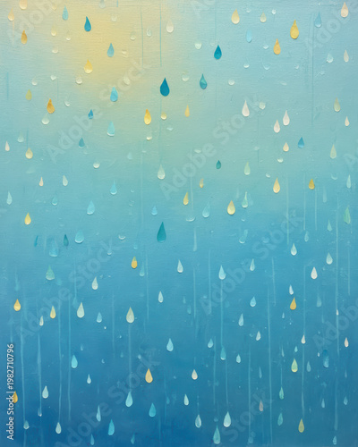 Calmness serenity softness abstraction atmosphere harmony fluidity diffusion dreamlike rain droplets across a blue to gold gradient on canvas