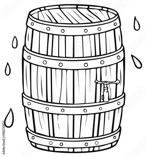 Wooden barrel with spigot and water droplets, cartoon illustration