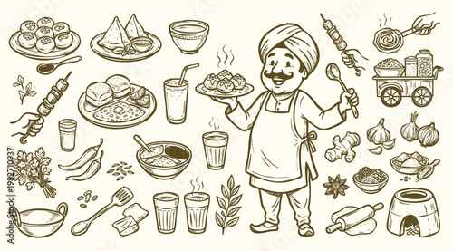 Vintage 1930s Retro Mascot Indian Street Food Illustration Set