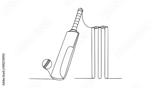 A minimalist line art illustration of cricket equipment on a white background