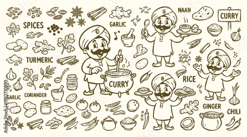 Vintage 1930s Retro Mascot Indian Curry Spice Doodle Set