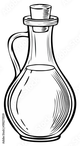 Hand drawn glass bottle of oil or vinegar with cork stopper vector illustration for culinary design and recipes