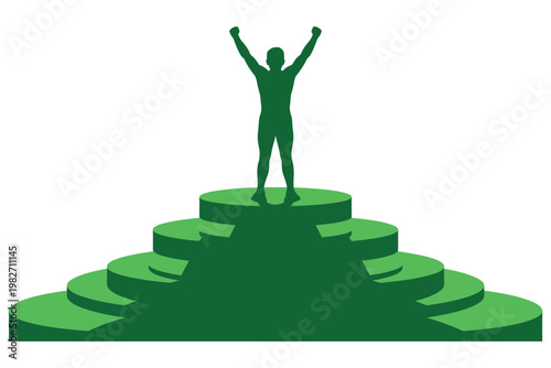 A triumphant man standing on top of a green pyramid with his arms raised in victory