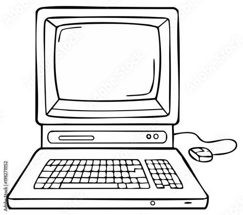 Retro Computer Outline Illustration Personal Computer Desktop Computer Vintage Home Office Vector Drawing