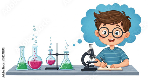 Young Boy Engaged in Science Experimentation with Microscope and Beakers.
