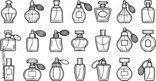Hand Drawn Black and White Line Art Set of Various Perfume Bottles and Atomizers Icons for Beauty and Fragrance Industry