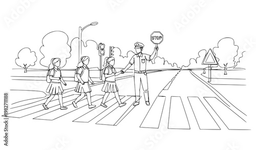 A vector graphic illustration of a crossing guard helping school children cross the street