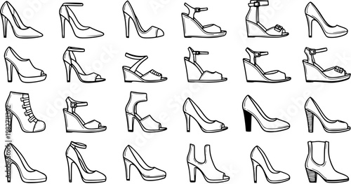 Black and White Line Art Collection of Diverse Women's High Heel Shoes