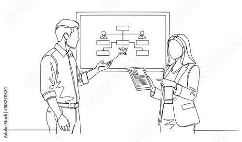 A minimalist line art illustration of a man and woman discussing a new hire on an organizational chart