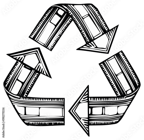 Recycling symbol formed from film strip arrows with frames