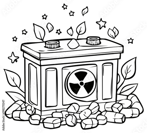 Cartoon radioactive battery with eco-friendly leaves and stars, energy concept.