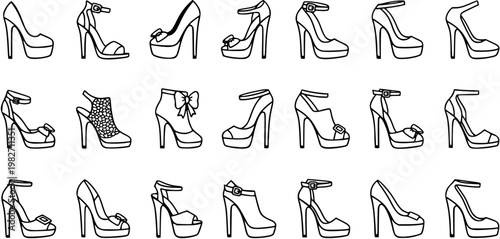 Black and White Line Art Collection of Various High Heel Shoes, Fashion Vector
