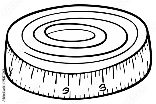 Black and white illustration of a measuring tape roll, isolated with a clear perspective.