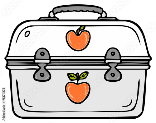 Retro metal lunchbox adorned with playful apple designs evokes nostalgic school days and healthy eating