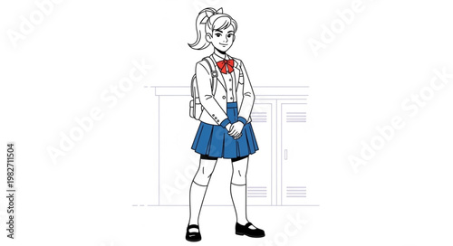 Young Girl in School Uniform Standing by Lockers.