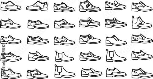 Black and White Line Art Collection of Various Men's Dress Shoes and Boots