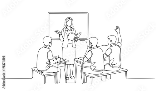 A teacher stands in front of a classroom of students in a vector illustration