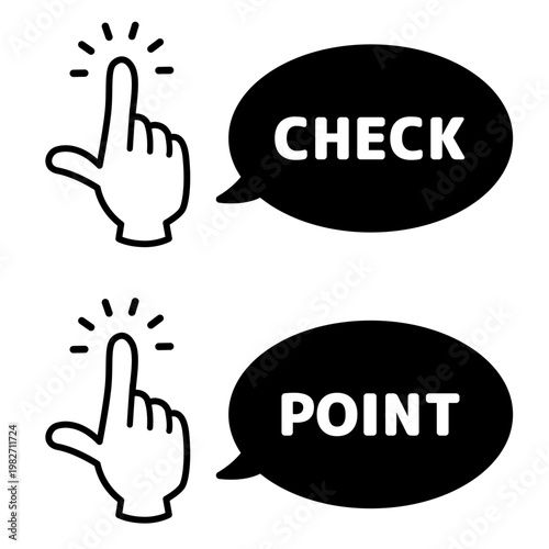 黒ベタ吹き出しと指差しハンドのCHECK・POINTアイコン 注意喚起や説明見出しに使えるモノクロベクター素材