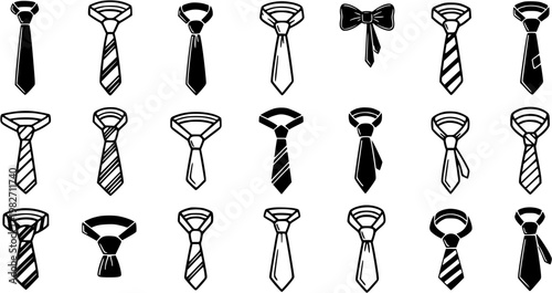 Men's Formal Business Ties and Bow Ties Black and White Line Art Vector Icons Set. Outline Necktie Collection for Fashion and Apparel.