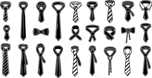 Fashion and Business Menswear Neckties and Bow Ties Black and White Line Art Icon Set