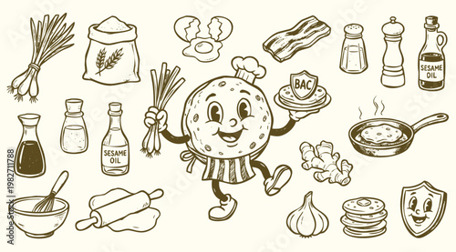 Vintage 1930s Retro Mascot Scallion Pancake Chinese Green Onion Flatbread Illustration Set