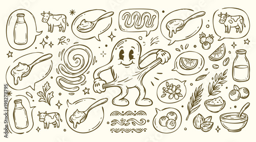 Vintage 1930s Retro Mascot Stretchy Yogurt Fruit Illustration Set