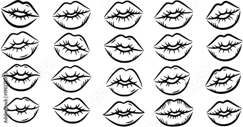 Black  White Line Art Lips Pattern Background for Beauty, Fashion, Romance, and Pop Art Design