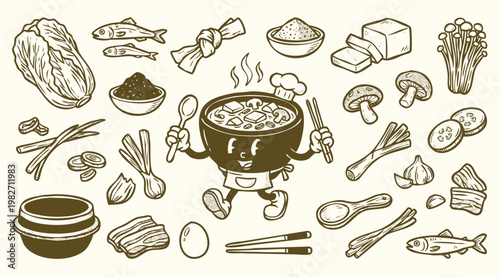 Vintage 1930s Retro Mascot Kimchi Sundubu jjigae Korean Stew Illustration Set