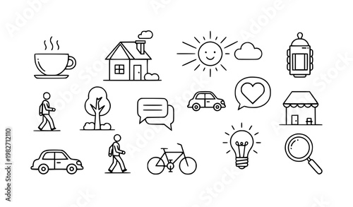 A set of simple line art icons depicting daily life and transportation