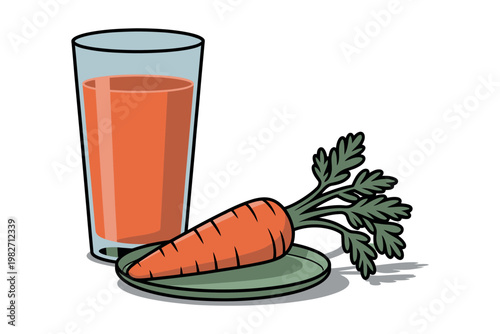 A glass of fresh carrot juice next to a whole carrot on a plate