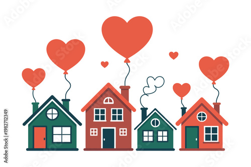A colorful illustration of houses with heart-shaped balloons floating above them, symbolizing love and warmth in a residential neighborhood.
