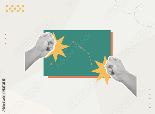 Trendy halftone collage of two person fists punching line graph on teal board, flat design failed performance, declining data, and business failure concept illustration
