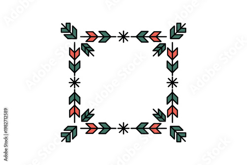 A colorful square frame with a bohemian design featuring red and green leaves and black stars on a white background
