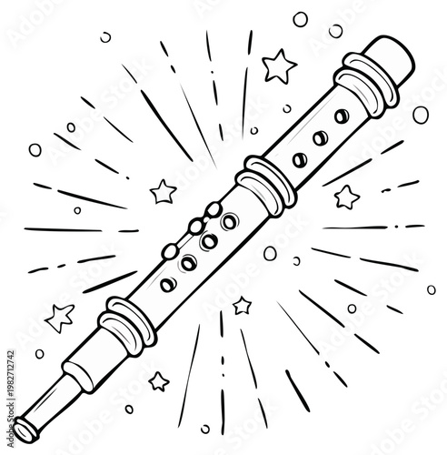 Whimsical line art clarinet instrument doodle surrounded by radiating lines and twinkling stars