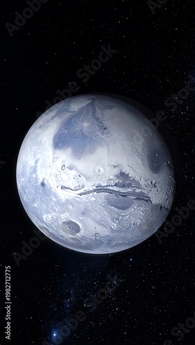 A large moon-like celestial body in space with a cratered surface