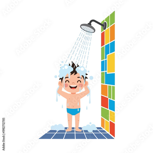 A happy young boy enjoys a refreshing shower, with soap bubbles in his hair and water cascading from the showerhead onto his body