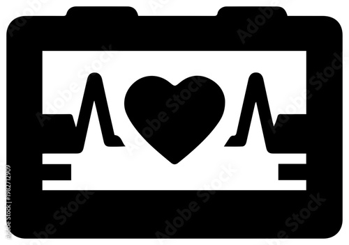 Monochromatic vector icon of an automated external defibrillator aed device displaying a heart rhythm with a central heart symbol representing emergency medical care and cardiac