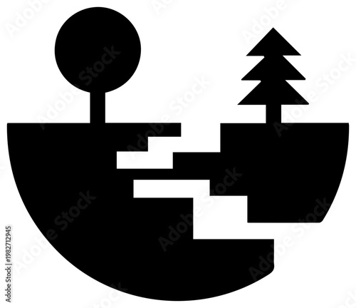 Abstract black graphic symbol representing a winding path or journey through diverse terrains with stylized trees symbolizing growth progress and exploration in a simplified