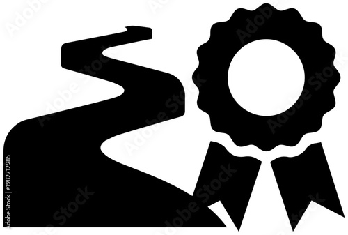 Illustrating career progression and achievement with a winding path leading to a prestigious award ribbon symbolizing success growth and reaching goals in a professional journey