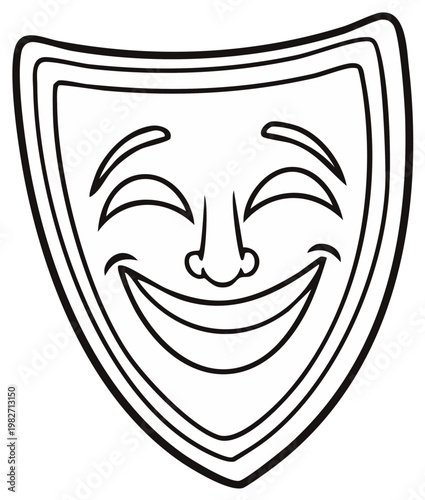 Black and white illustration of a happy theatrical mask with a wide smile and closed eyes