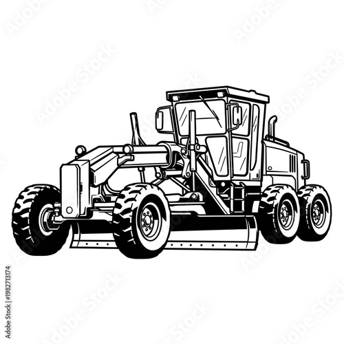 Grader Machine, Road Construction Equipment, Heavy Duty Vehicle, Vector Illustration