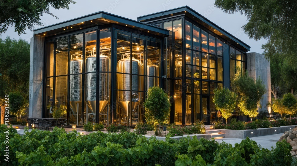 Fototapeta premium A modern glass winery building at dusk, showcasing large stainless steel fermentation tanks surrounded by lush vineyard greenery.