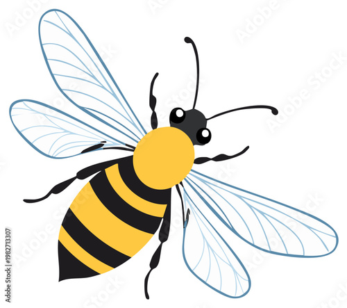 Stylized bumblebee illustration with yellow and black stripes, transparent wings on a white background