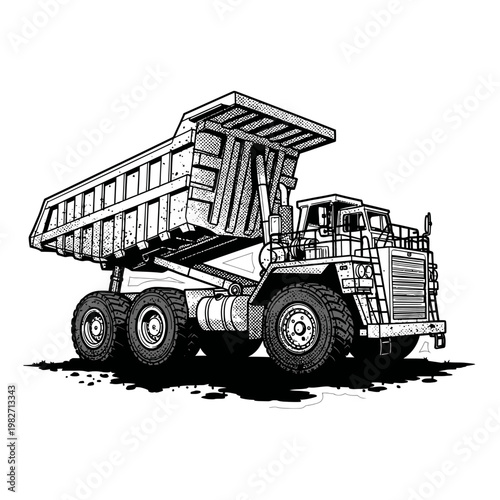 Heavy Duty Mining Dump Truck Illustration - Black and White Line Art
