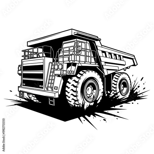 Heavy Duty Mining Dump Truck Illustration - Black and White
