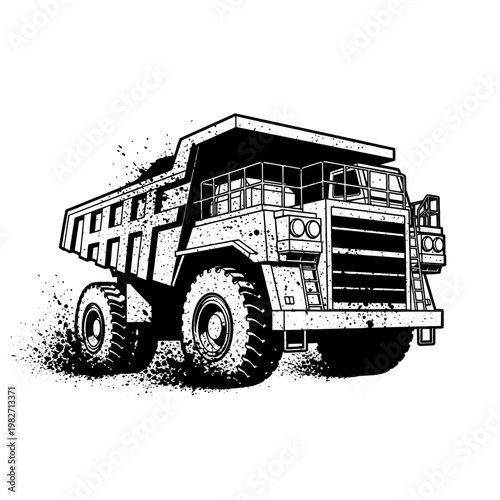 Heavy Duty Mining Dump Truck Illustration - Black and White