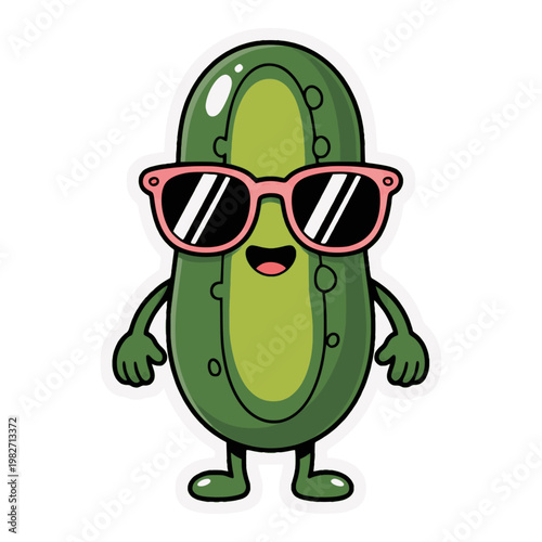 A funny Green Groovy Pickle Cartoon Character character with a cheerful and cute expression with sunglasses