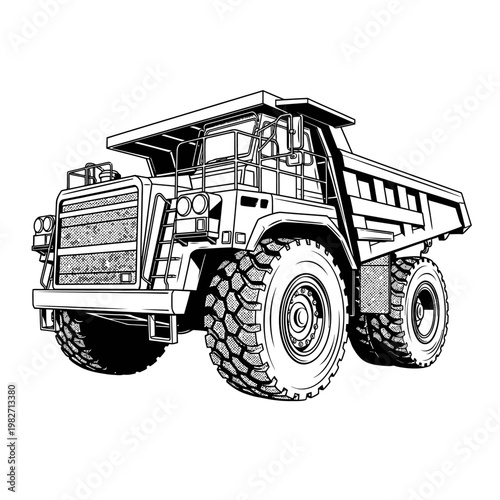 Heavy Duty Mining Dump Truck Illustration - Black and White Line Art