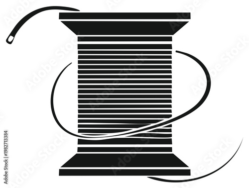 Silhouette of a black thread spool with a needle and trailing thread creating an artistic shape
