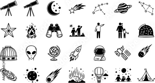 Astronomy and Space Stargazing Icons Set. Black and White Glyph Line Art Symbols of Celestial Bodies, Observatories, Exploration, and Night Sky Events.